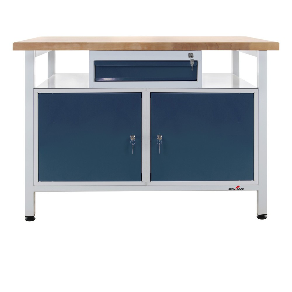 Zdjęcie produktu nr 1: Ława warsztatowa Steinbock® Premium, 1 x półka, 1 x szuflada, 2 x drzwi, udźwig 300 kg, wys. x szer. x gł. 840 x 1200 x 600 mm, RAL 7035/7016
