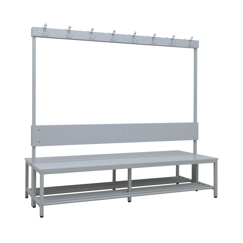 Zdjęcie produktu nr 1: Ławka do przebieralni HEMMDAL HUB-1, 2-stronna, z listwą hakową i półką na buty, długość 2000 mm