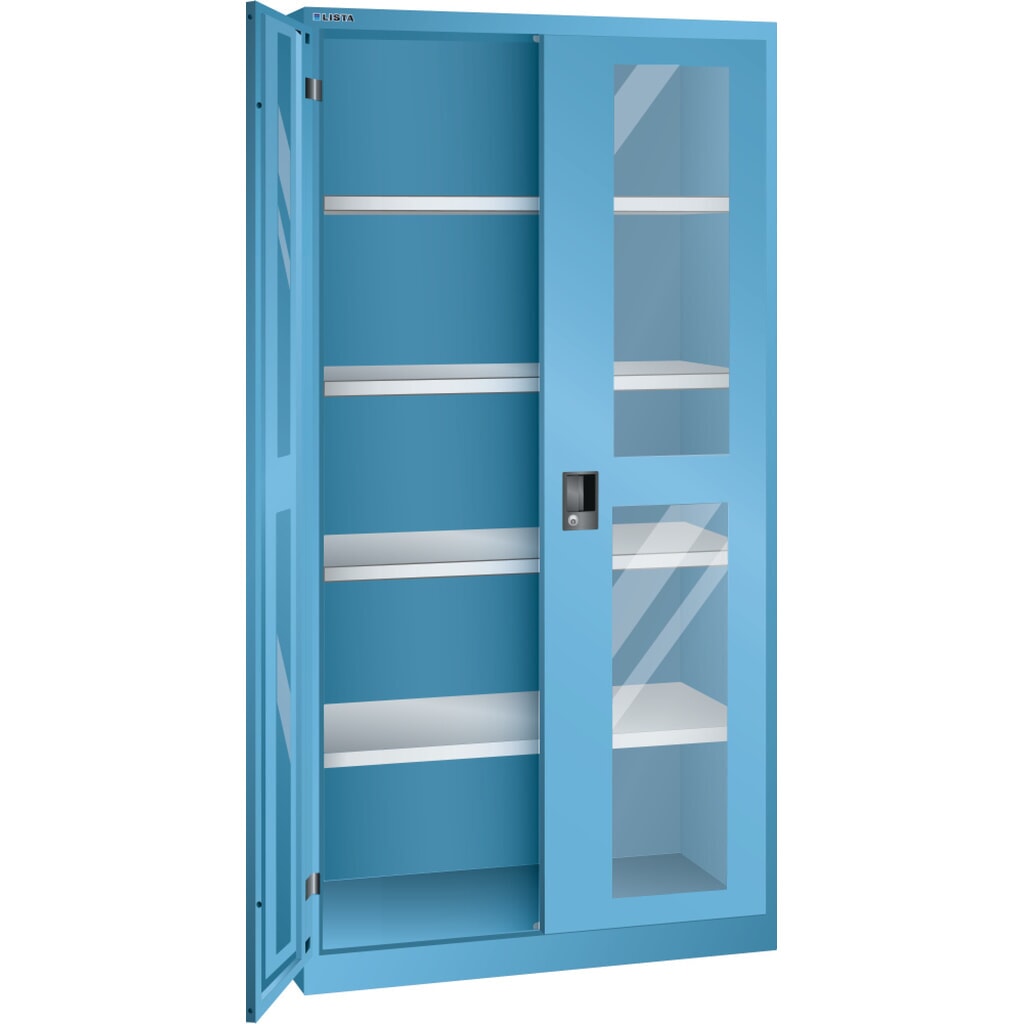 Zdjęcie produktu: Szafa z drzwiami skrzydłowymi LISTA z oknem, (szer. x gł. x wys.) 1000 x 400 x 1950 mm, 4 regulowane półki, jasnoniebieski, KEY Lock