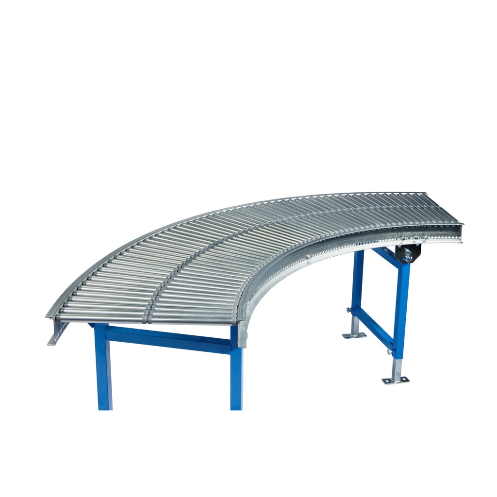 Zdjęcie produktu: Mały przenośnik rolkowy, rolki z rurki stalowej, krzywka 90°, szerokość przenośnika 300 mm, rozstaw osi 25 mm
