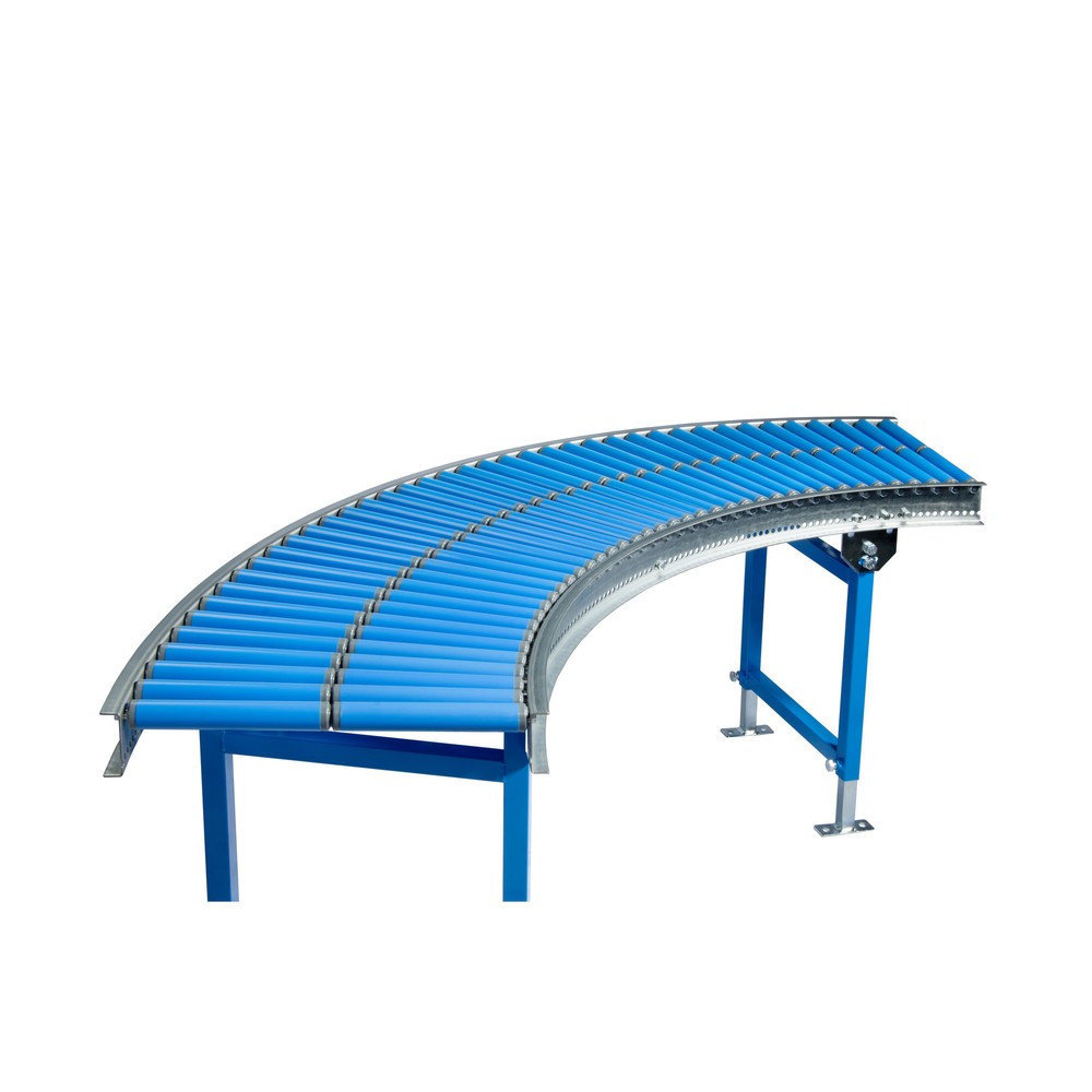 Zdjęcie produktu nr 1: Mały przenośnik rolkowy, rolki z tworzywa sztucznego, krzywka 45°, oś gwintowana, Ø 30 mm, szerokość przenośnika 400 mm