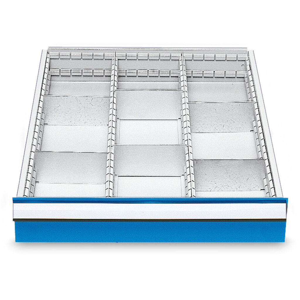 Zdjęcie produktu: Metalowa przegroda do szuflad do ław szeregowych Bedrunka+Hirth, do wysokości przedniej 150 mm, 9 schowków