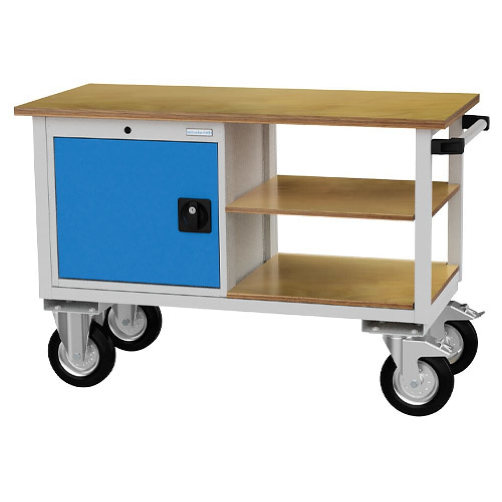 Zdjęcie produktu: Mobilna ława warsztatowa Bedrunka+Hirth R 18-16, wys. x szer. x gł. 820 x 1200 x 540 mm, kolor jasnoszary, kolor jasnoniebieski, 2 x półka, 1 x drzwi skrzydłowe 1 x 400 mm