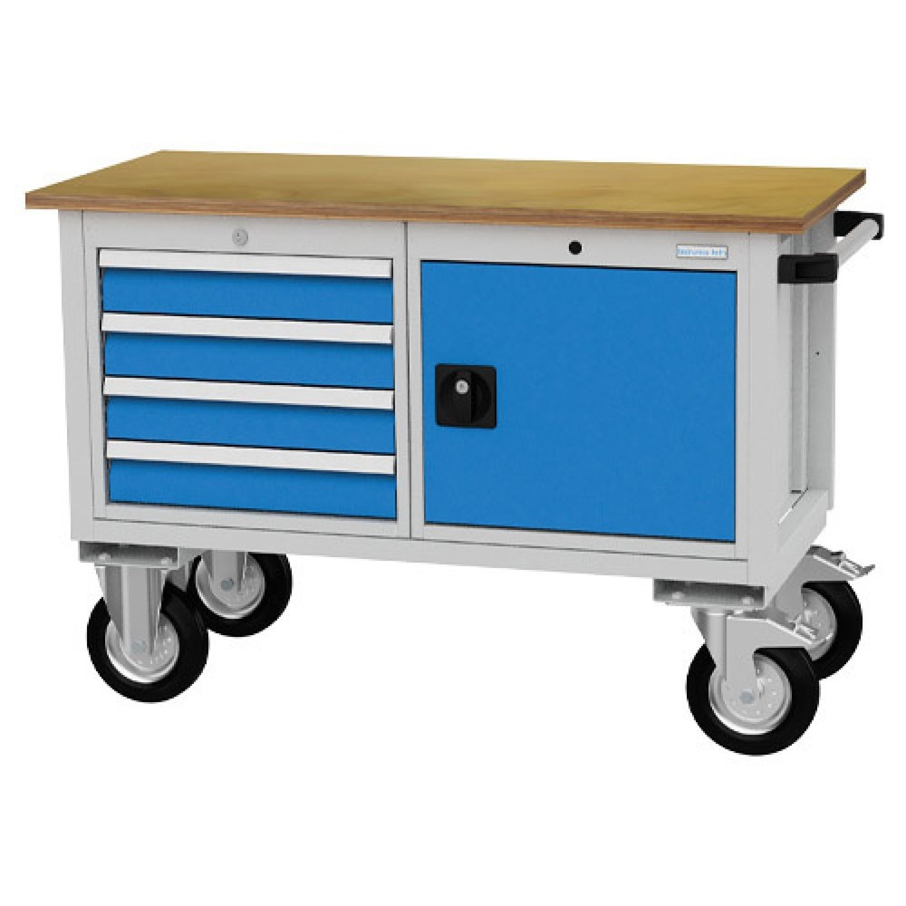 Zdjęcie produktu nr 1: Mobilna ława warsztatowa Bedrunka+Hirth R 18-16, wys. x szer. x gł. 820 x 1200 x 540 mm, kolor jasnoszary, kolor jasnoniebieski, 4 x szuflada 4 x 100 mm, 1 x drzwi skrzydłowe 1 x 400 mm