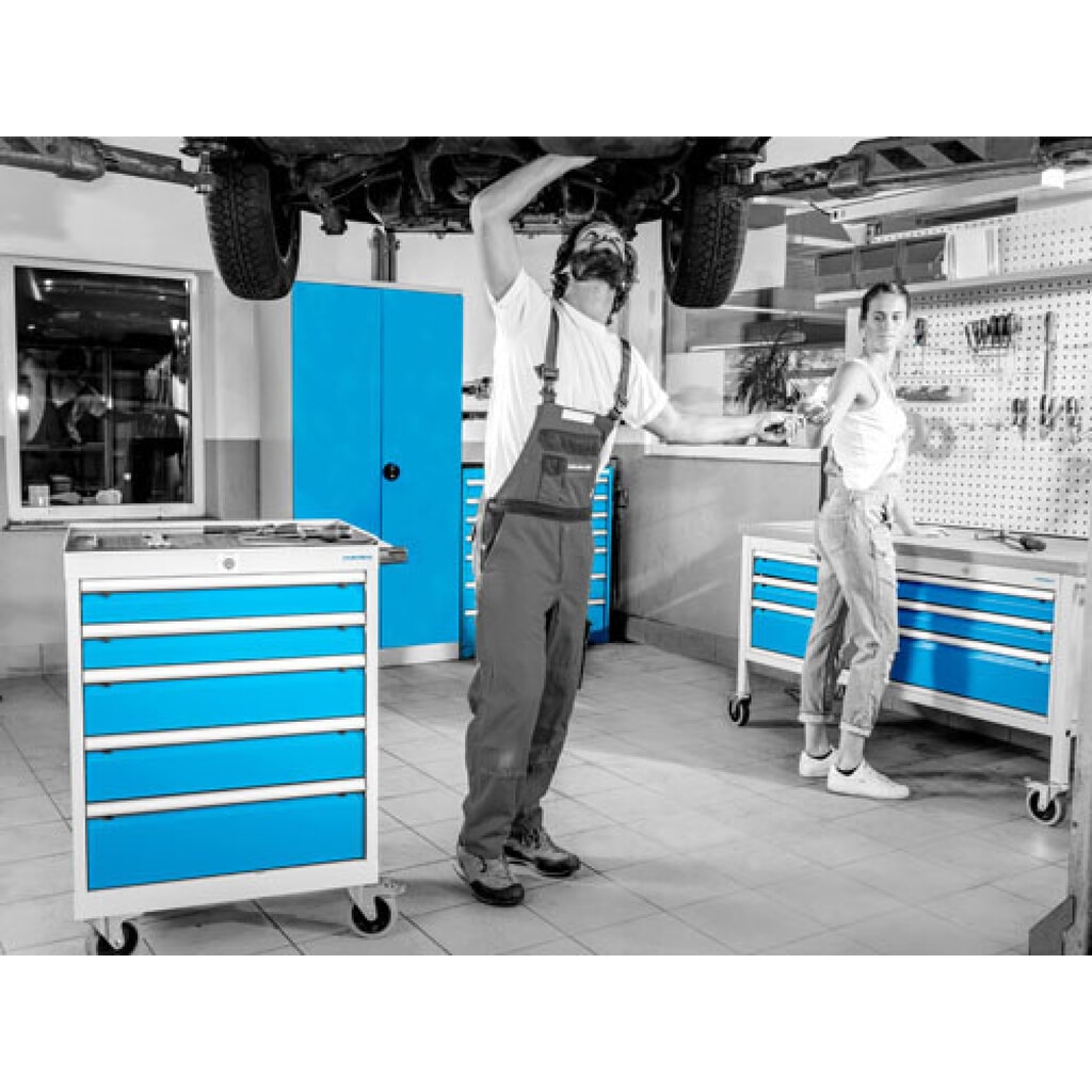 Zdjęcie produktu nr 6: Mobilna ława warsztatowa Bedrunka+Hirth R 18-24, wys. x szer. x gł. 950 x 1250 x 750 mm, kolor jasnoszary, kolor antracytowoszary, 5 x szuflada 3 x 100 + 2 x 150 mm, 1 drzwi skrzydłowe 1 x 600 mm