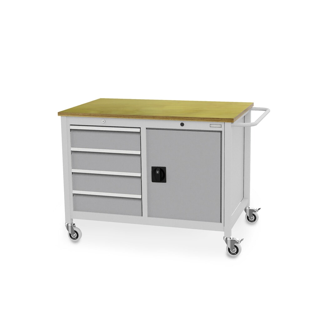 Mobilna ława warsztatowa Bedrunka+Hirth, szafka, 4 szuflady, biały aluminiowy Zdjęcie produktu nr 1: Mobilna ława warsztatowa Bedrunka+Hirth, szafka, 4 szuflady, biały aluminiowy