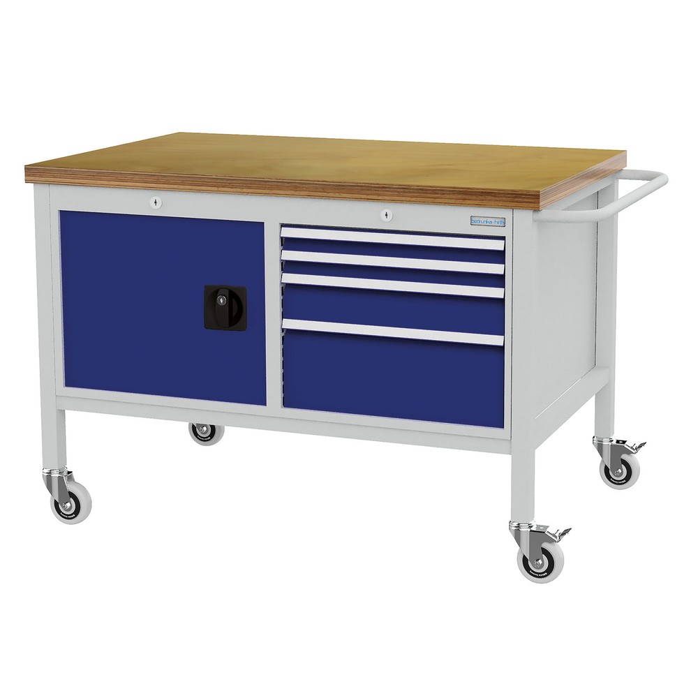 Zdjęcie produktu nr 1: Mobilna ława warsztatowa Bedrunka+Hirth, szafka, 4 szuflady na różnych wysokościach, niebieski gencjanowy