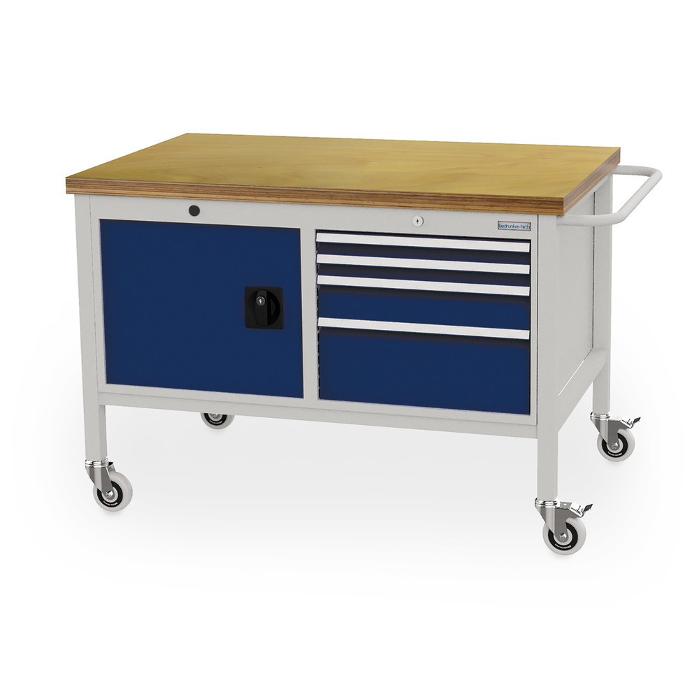 Zdjęcie produktu nr 1: Mobilna ława warsztatowa Bedrunka+Hirth, szafka, 4 szuflady na różnych wysokościach, niebieski kobaltowy