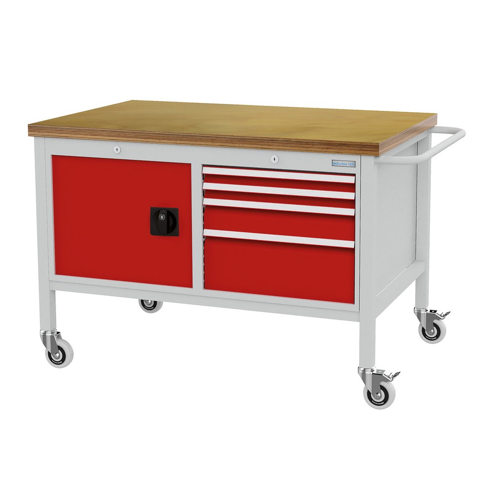 Zdjęcie produktu nr 1: Mobilna ława warsztatowa Bedrunka+Hirth, szafka, 4 szuflady na różnych wysokościach, czerwony drogowy