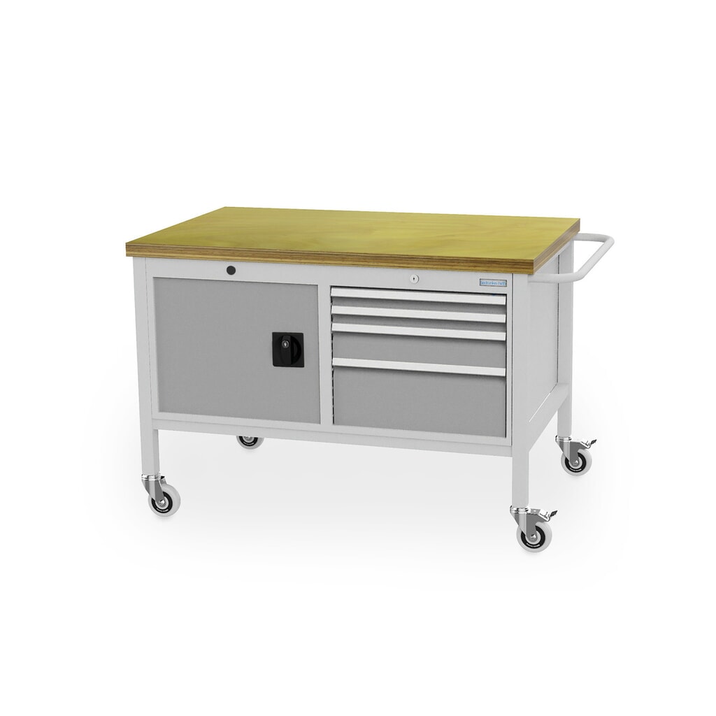 Mobilna ława warsztatowa Bedrunka+Hirth, szafka, 4 szuflady na różnych wysokościach, biały aluminiowy Zdjęcie produktu nr 1: Mobilna ława warsztatowa Bedrunka+Hirth, szafka, 4 szuflady na różnych wysokościach, biały aluminiowy