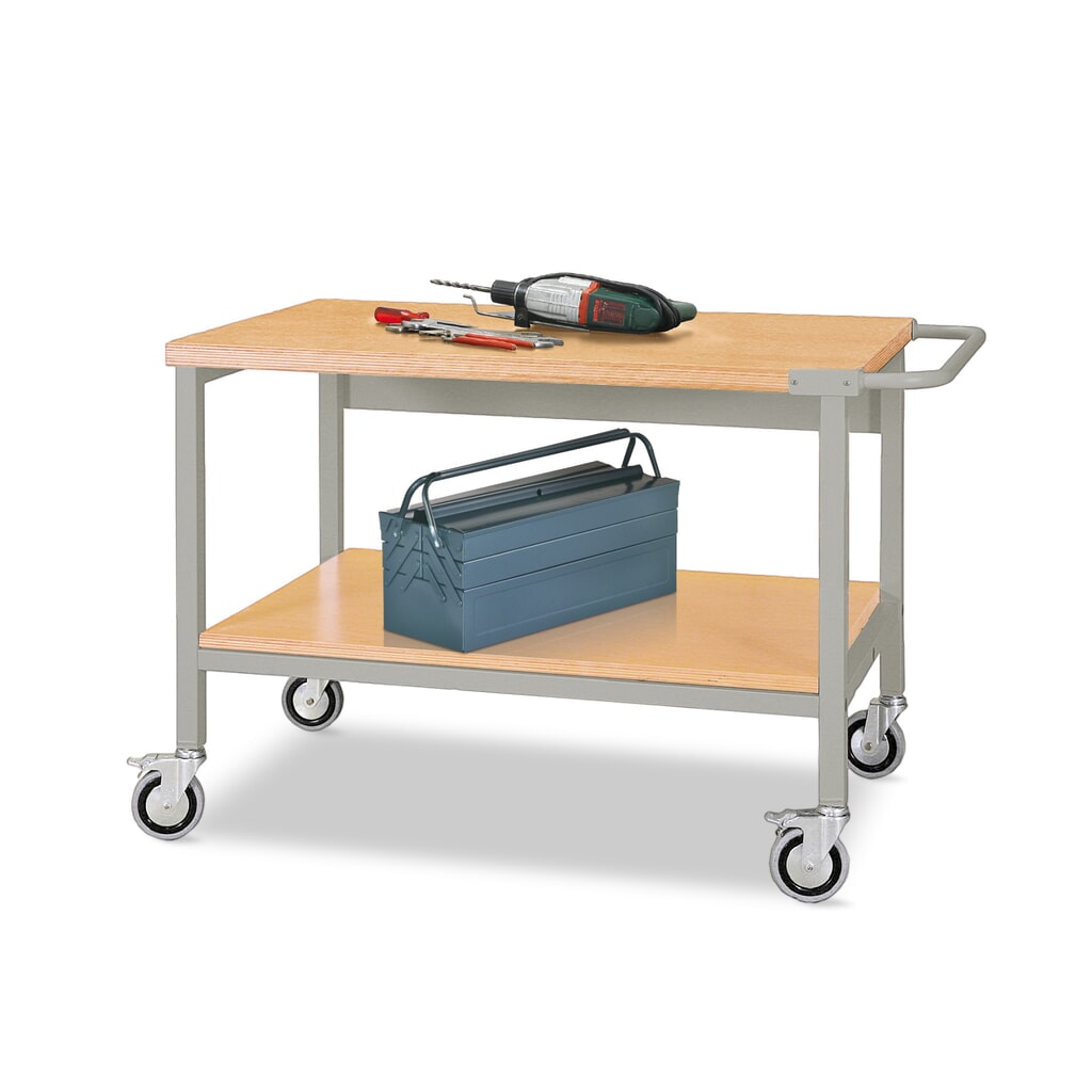 Mobilna ława warsztatowa Bedrunka+Hirth z kółkami, 2 drewniane półki o wymiarach 1200 x 750 mm, udźwig 400 kg Zdjęcie produktu: Mobilna ława warsztatowa Bedrunka+Hirth z kółkami, 2 drewniane półki o wymiarach 1200 x 750 mm, udźwig 400 kg