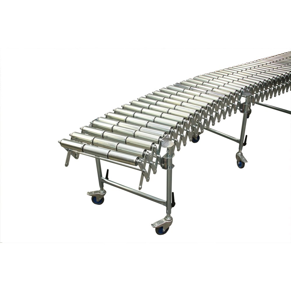 Obraz produktu: Nożycowy przenośnik rolkowy, rolki stalowe, Ø 50 mm, długość toru 2,7–6,2 m, szerokość toru 800 mm