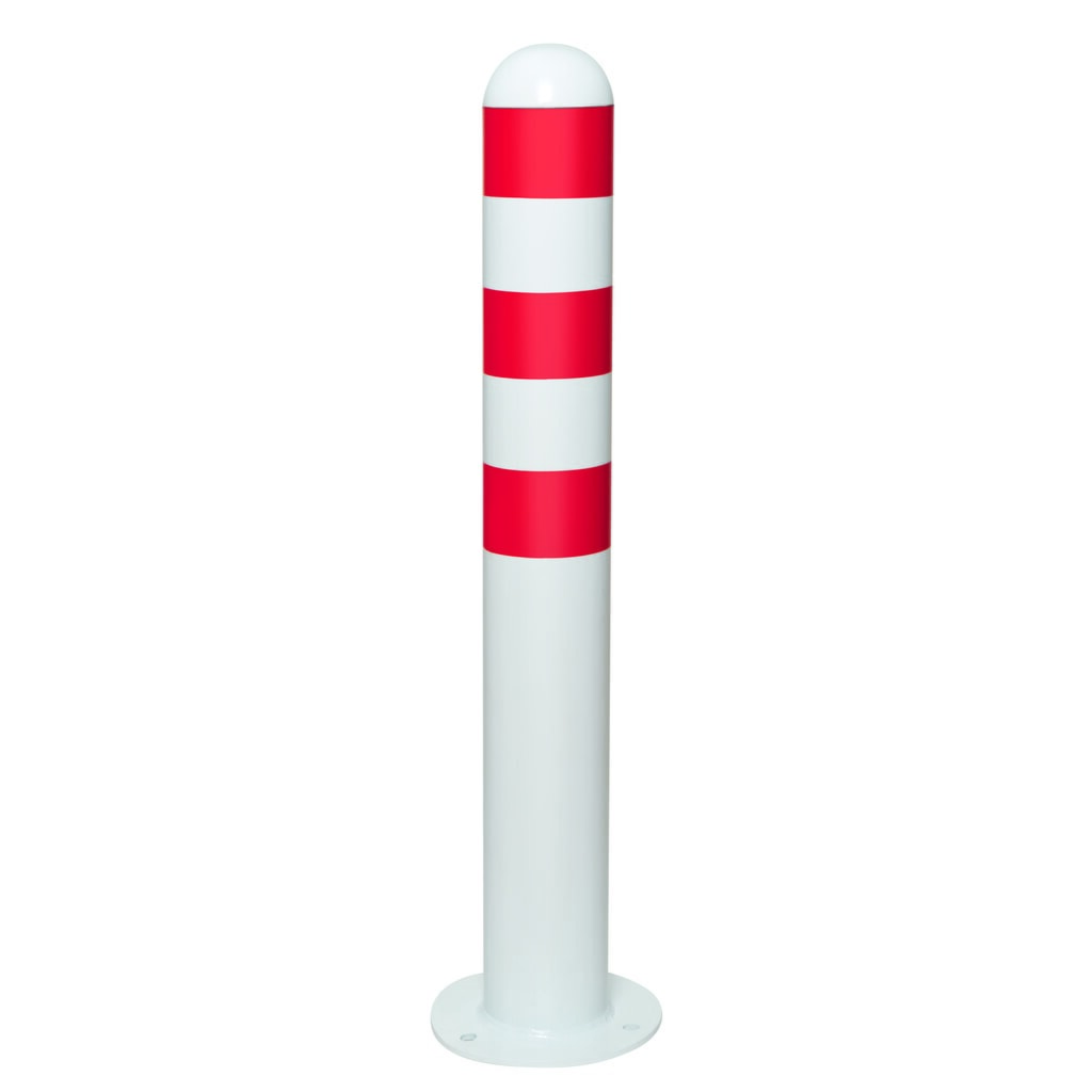 Zdjęcie produktu: Pachołek ochronny do kolumn ładowania II, Ø 108 mm, wysokość 800 mm, do mocowania kołkowego, stal, powłoka z tworzywa sztucznego, czerwone pierścienie odblaskowe