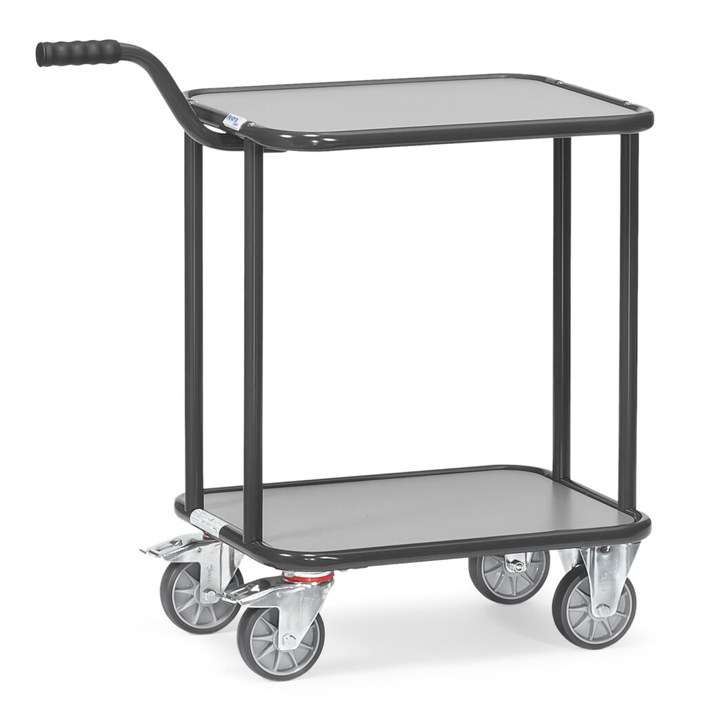 Wózek piętrowy z uchwytem fetra® z półkami drewnianymi, 2 piętra o wymiarach 600 x 450 mm, kolor szary antracytowy Zdjęcie produktu nr 1: Wózek piętrowy z uchwytem fetra® z półkami drewnianymi, 2 piętra o wymiarach 600 x 450 mm, kolor szary antracytowy