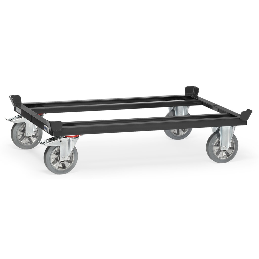 Podwozie jezdne fetra® z narożnikami, udźwig 1200 kg, do palet 1200 x 800 mm, ogumienie z elastycznej pełnej gumy, kolor antracytowy szary Zdjęcie produktu: Podwozie jezdne fetra® z narożnikami, udźwig 1200 kg, do palet 1200 x 800 mm, ogumienie z elastycznej pełnej gumy, kolor antracytowy szary
