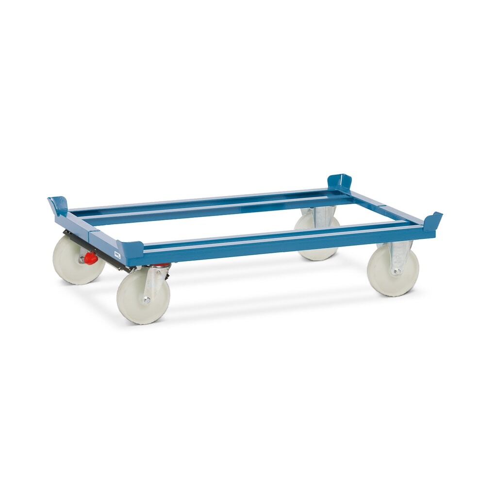 Podwozie jezdne fetra® z narożnikami, udźwig 1000 kg, do palet 1200 x 800 mm, ogumienie poliamidowe, z centralnym hamulcem Zdjęcie produktu: Podwozie jezdne fetra® z narożnikami, udźwig 1000 kg, do palet 1200 x 800 mm, ogumienie poliamidowe, z centralnym hamulcem