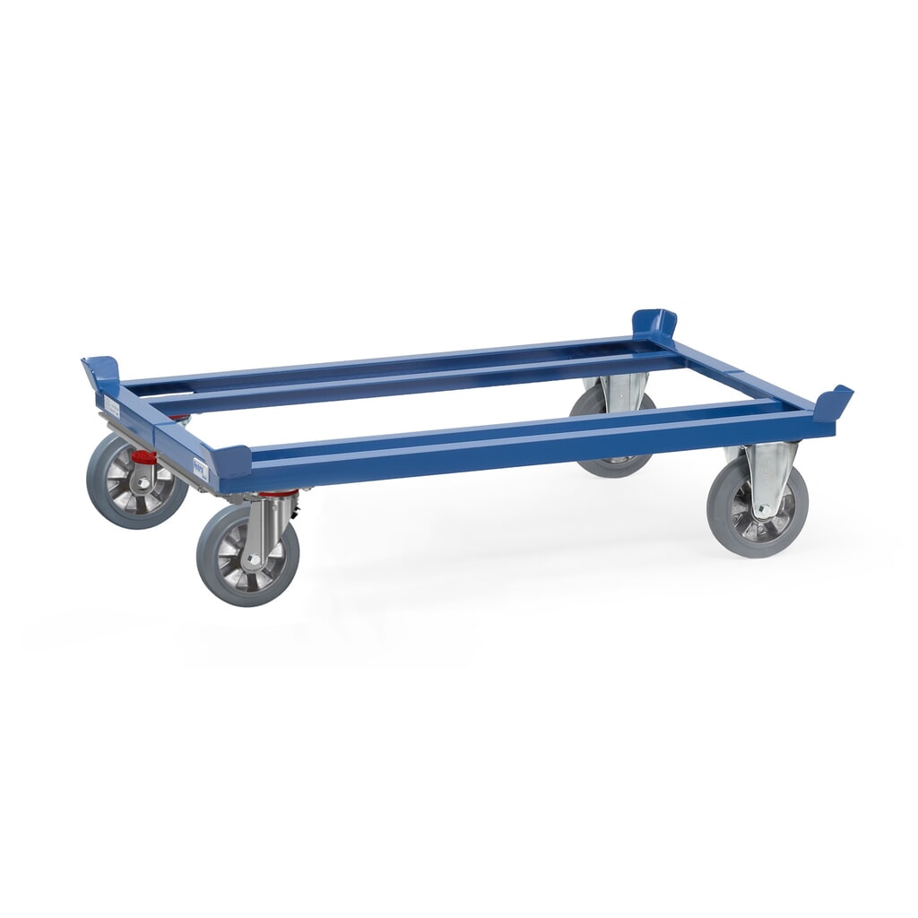 Zdjęcie produktu: Podwozie jezdne fetra® z narożnikami, udźwig 1200 kg, do palet 1200 x 800 mm, ogumienie z elastycznej pełnej gumy, z centralnym hamulcem