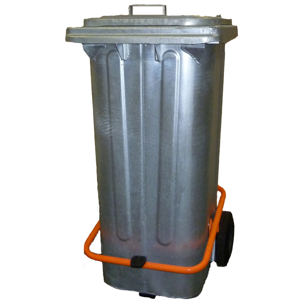 Pojemnik na odpady z blachy stalowej ocynkowanej ogniowo, 120 litrów, z kółkami oraz pedałem Zdjęcie produktu nr 1: Pojemnik na odpady z blachy stalowej ocynkowanej ogniowo, 120 litrów, z kółkami oraz pedałem