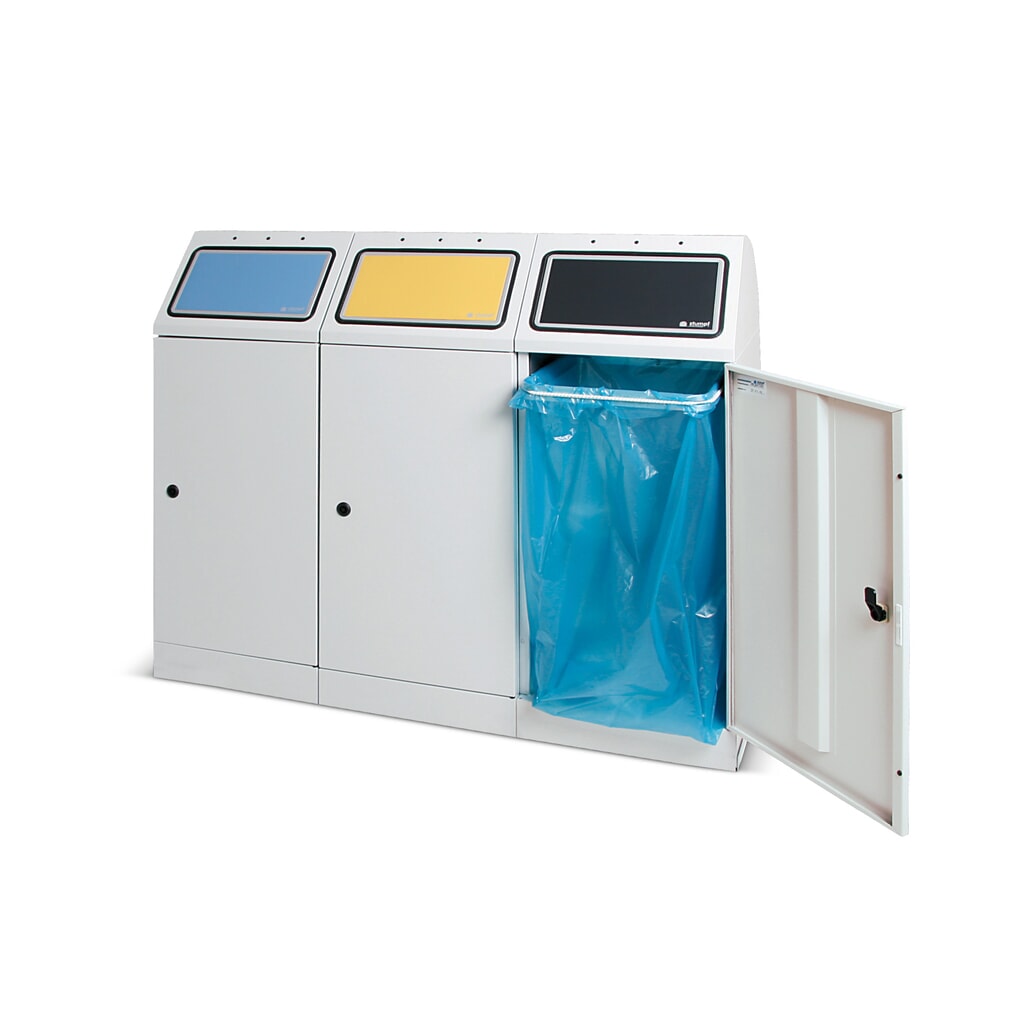 Pojemnik na surowce wtórne stumpf® z drzwiczkami i uchwytem na worki, 3 x 70 l Zdjęcie produktu: Pojemnik na surowce wtórne stumpf® z drzwiczkami i uchwytem na worki, 3 x 70 l