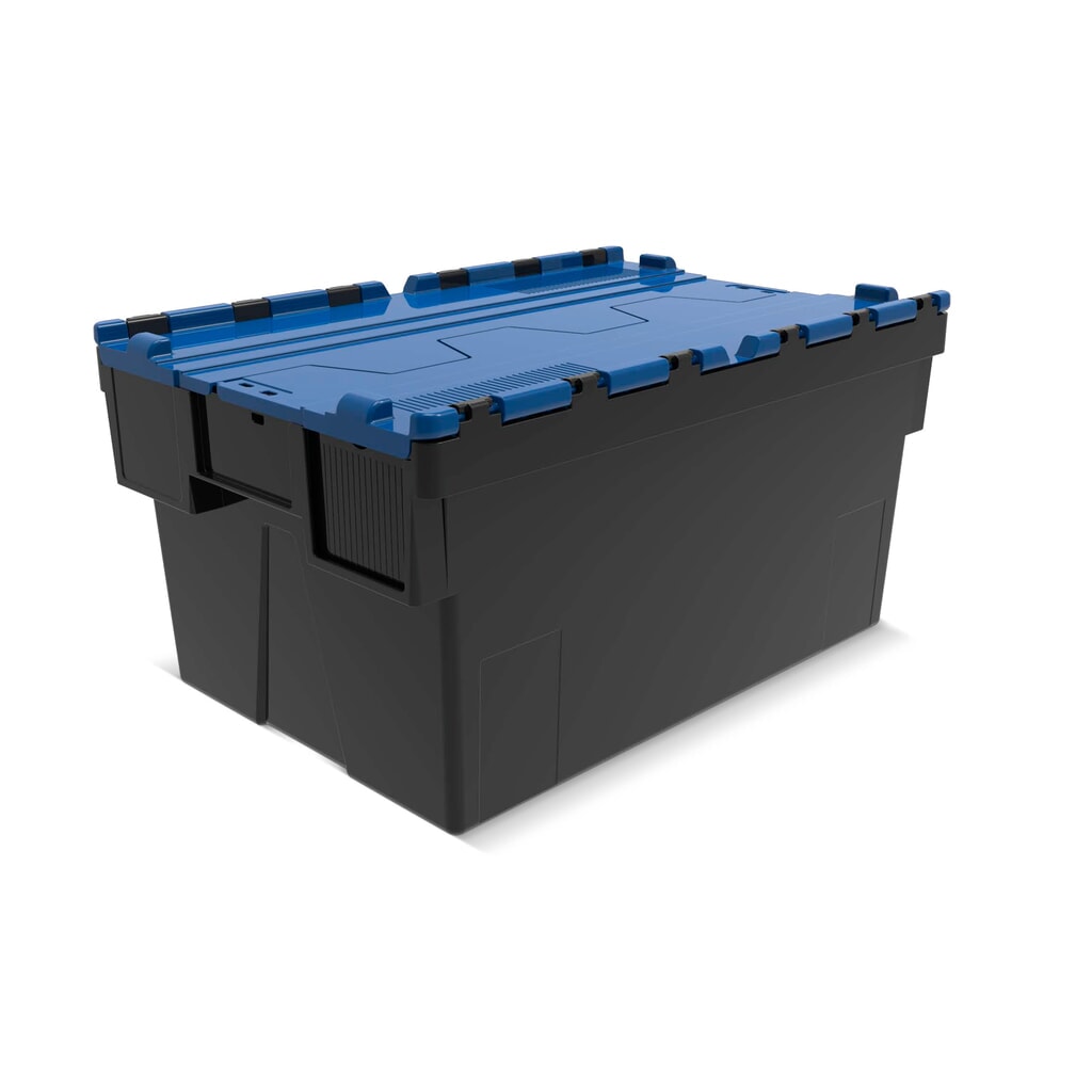 Europojemnik Alpha wykonany z regranulatu PP z pokrywą, czarno-niebieski, 56 l, wys. x szer. x gł. 310 x 600 x 400 mm Zdjęcie produktu: Europojemnik Alpha wykonany z regranulatu PP z pokrywą, czarno-niebieski, 56 l, wys. x szer. x gł. 310 x 600 x 400 mm