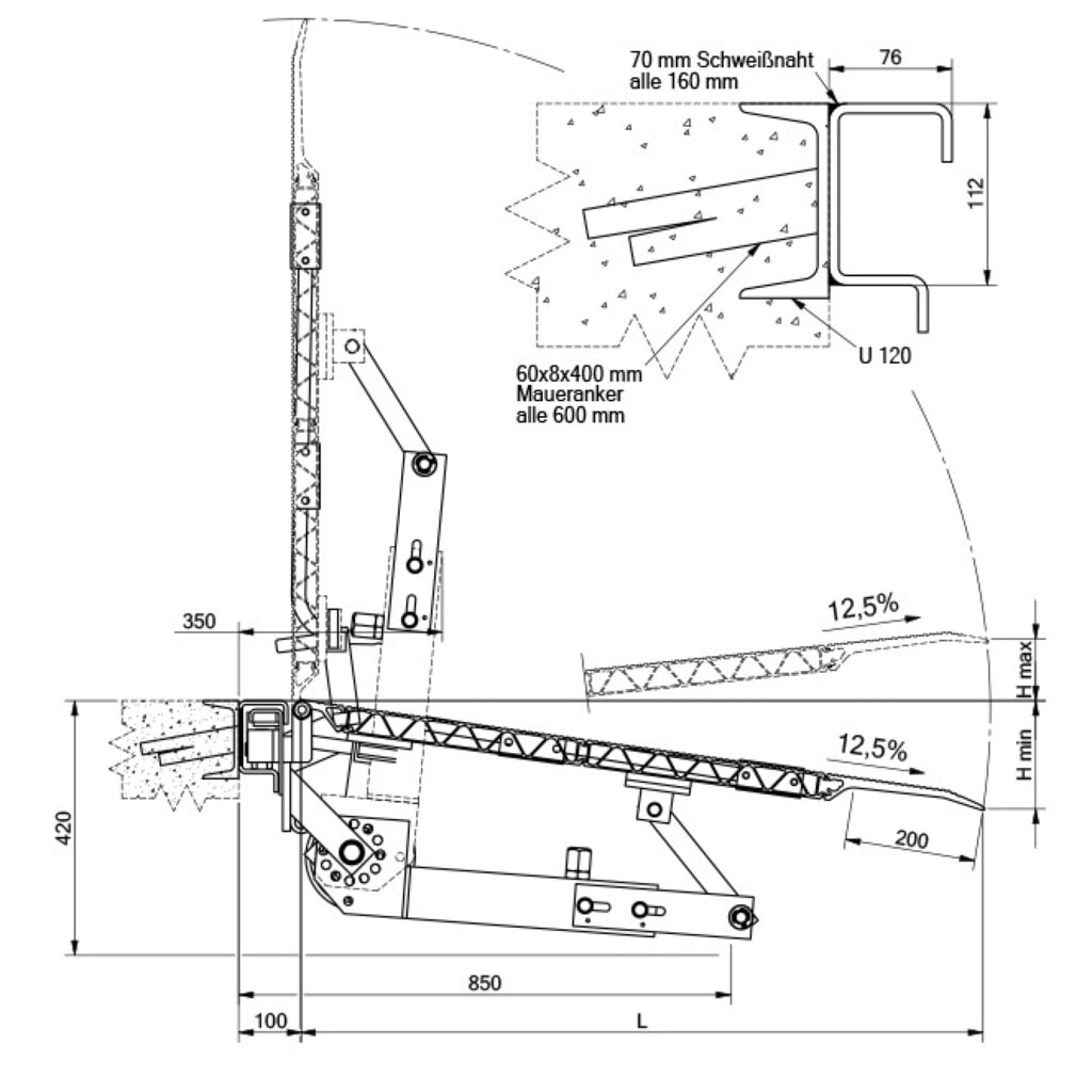 Zdjęcie produktu nr 3: Pomost składany, sprężynowy z zabezpieczeniem przed upadkiem, nośność 2 500 kg, szer. x dł. 1 250 x 1 315 mm