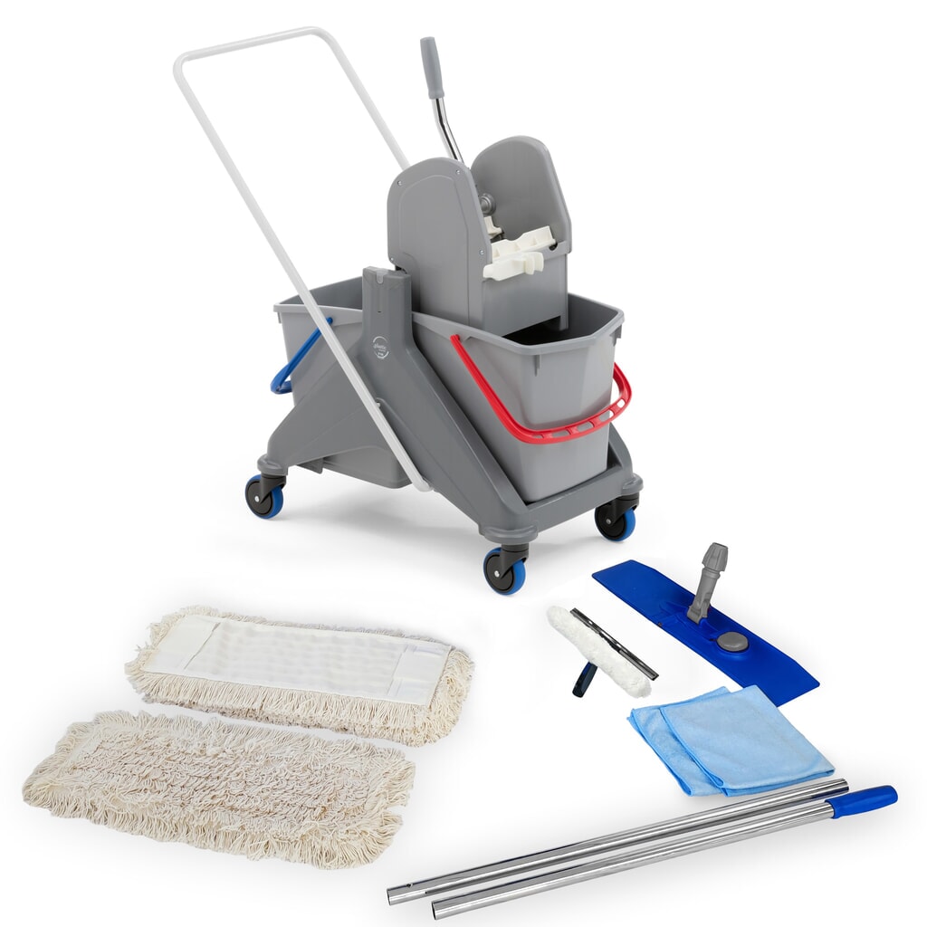 Profesjonalny zestaw wózka do sprzątania Steinbock®, zestaw z podwójnym wiadrem 2 x 15 l, 5 x mop bawełniany 500 mm, 2-częściowy chromowany drążek, składany uchwyt, 2 x ściereczka z mikrofazy i urządzenie do czyszczenia okien Zdjęcie produktu: Profesjonalny zestaw wózka do sprzątania Steinbock®, zestaw z podwójnym wiadrem 2 x 15 l, 5 x mop bawełniany 500 mm, 2-częściowy chromowany drążek, składany uchwyt, 2 x ściereczka z mikrofazy i urządzenie do czyszczenia okien