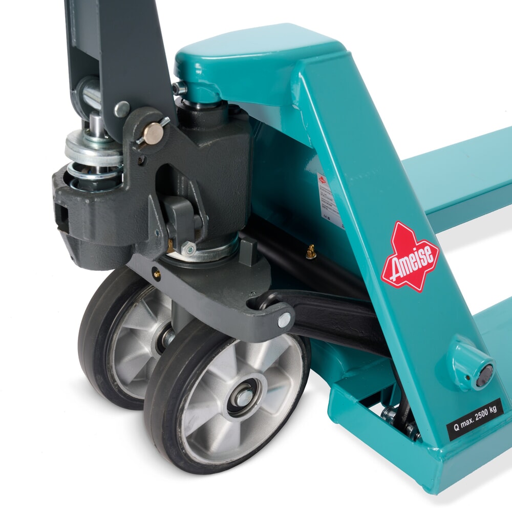 Zdjęcie produktu nr 13: Ręczny wózek paletowy Ameise® PTM 2.5 z szybkim unoszeniem, udźwig 2500 kg, długość wideł 1150 mm, guma/poliuretan, podwójne rolki