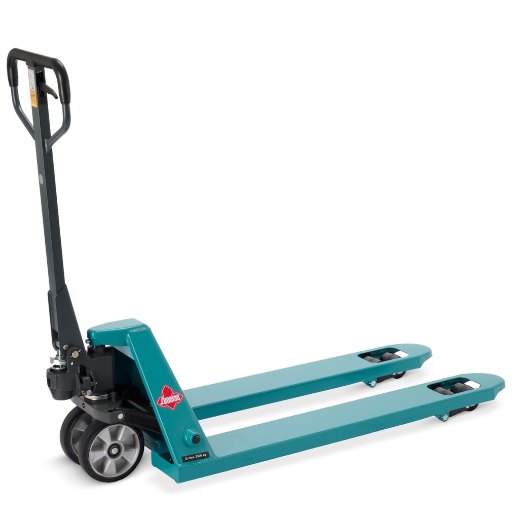 Zdjęcie produktu: Ręczny wózek paletowy Ameise® PTM 2.5 z funkcją szybkiego unoszenia, udźwig 2500 kg, długość wideł 1150 mm, pełna guma/poliuretan, podwójne rolki