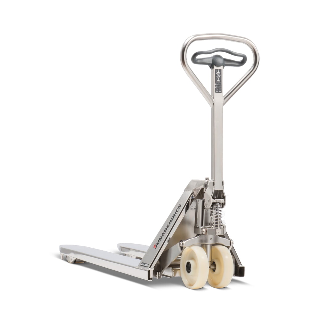 Zdjęcie produktu: Ręczny wózek paletowy ze stali szlachetnej (nierdzewnej) Jungheinrich AM I20, udźwig 2000 kg, długość wideł 1140 mm, nylon