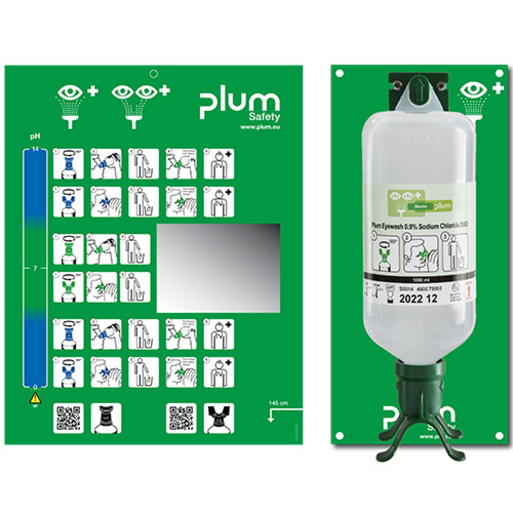 Obraz produktu: Stacja do płukania oczu plum DUO z uchwytem ściennym, roztwór chlorku sodu 1000 ml