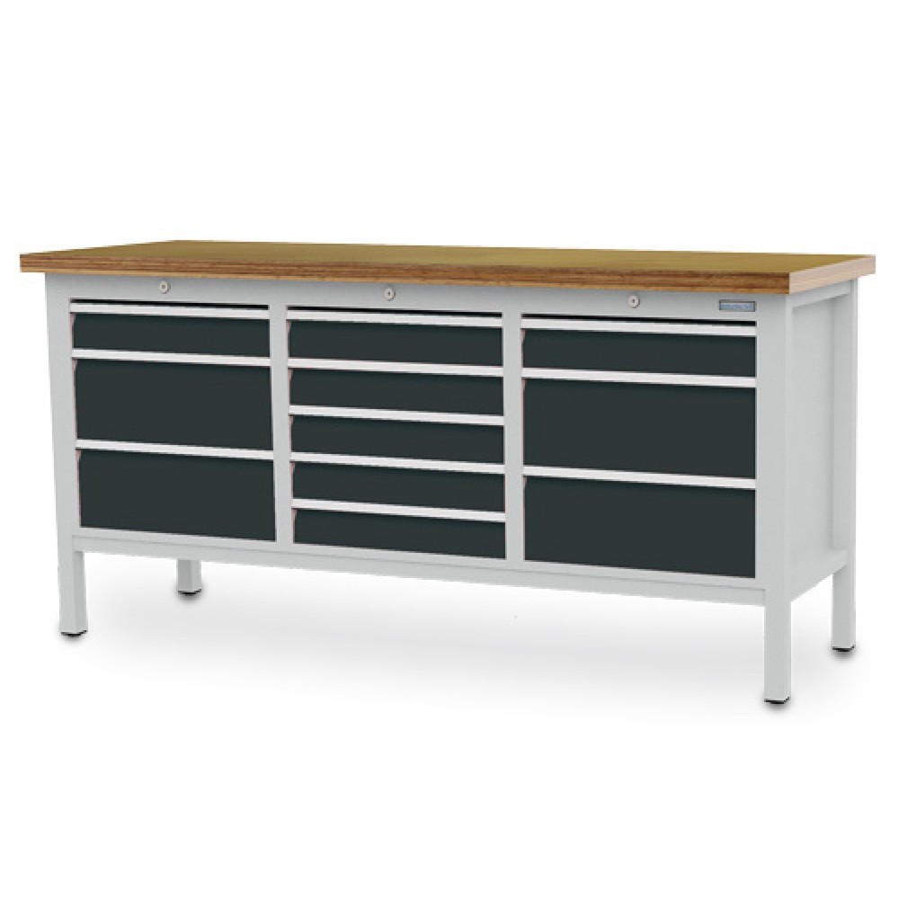 Obraz produktu: Stół warsztatowy Bedrunka+Hirth R 18-16, wys. x szer. x gł. 859 x 1750 x 600 mm, kolor jasnoszary, kolor antracytowoszary, 11 x szuflada 2 x 100 + 4 x 200 + 5 x 100 mm