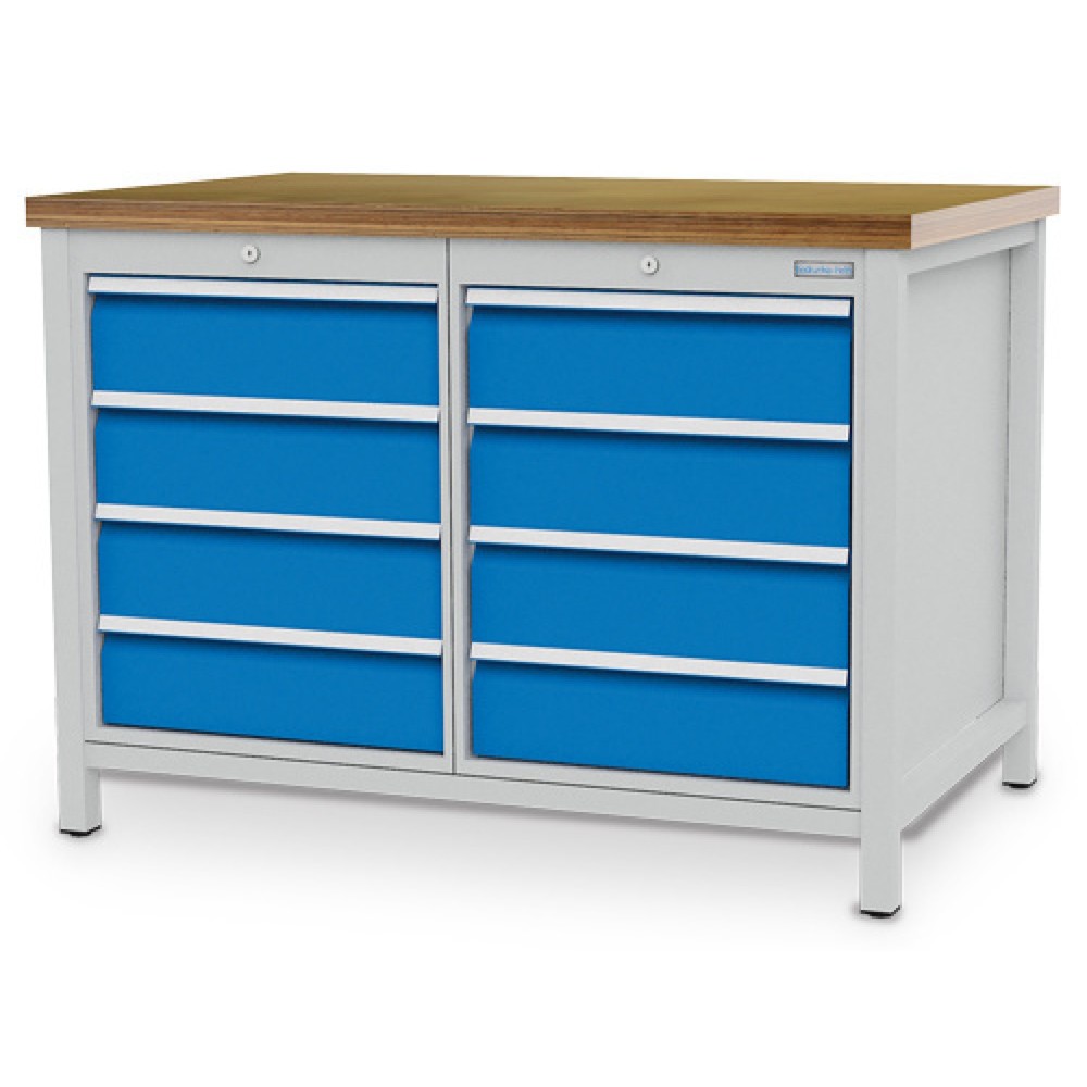 Zdjęcie produktu nr 1: Stół warsztatowy Bedrunka+Hirth R 18-24, wys. x szer. x gł. 859 x 1250 x 750 mm, kolor jasnoszary, kolor jasnoniebieski, 8 x szuflada 8 x 150 mm