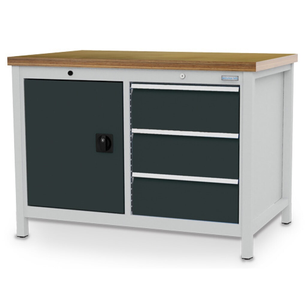 Zdjęcie produktu: Stół warsztatowy Bedrunka+Hirth R 18-24, wys. x szer. x gł. 859 x 1250 x 750 mm, kolor jasnoszary, kolor antracytowoszary, 3 x szuflada 3 x 200 mm, 1 drzwi skrzydłowe 1 x 600 mm