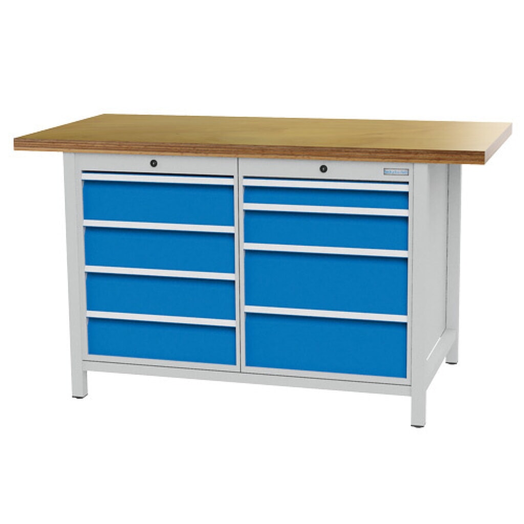 Zdjęcie produktu: Stół warsztatowy Bedrunka+Hirth R 18-24, wys. x szer. x gł. 959 x 1500 x 750 mm, kolor jasnoszary, kolor jasnoniebieski, 8 x szuflada, 1 x 75 + 1 x 125 + 4 x 150 + 2 x 200 mm