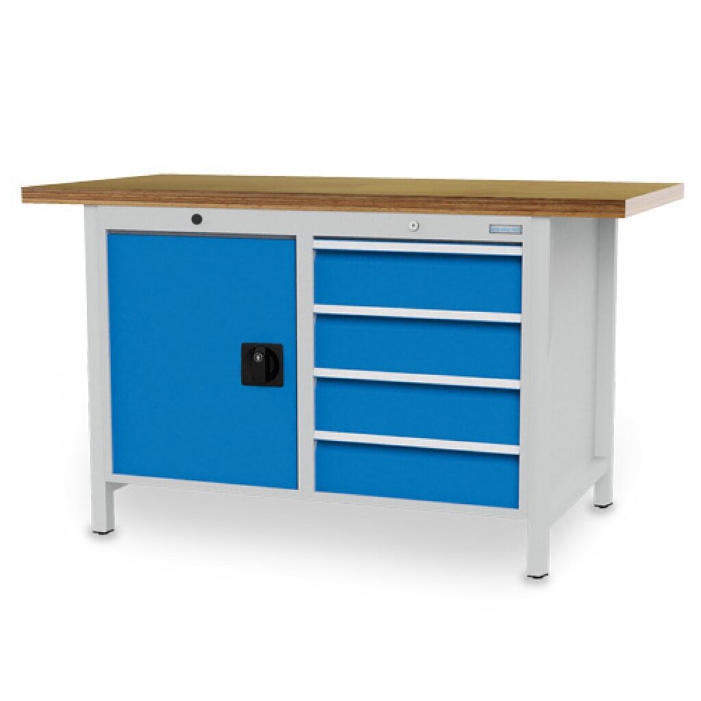 Zdjęcie produktu: Stół warsztatowy Bedrunka+Hirth R 18-24, wys. x szer. x gł. 859 x 1500 x 750 mm, kolor jasnoszary, kolor jasnoniebieski, 4 x szuflada 4 x 150 mm, 1 drzwi skrzydłowe 1 x 600 mm