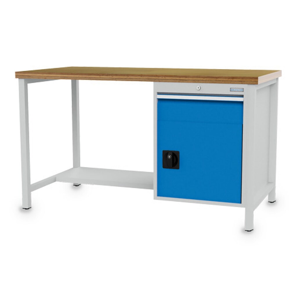 Zdjęcie produktu nr 1: Stół warsztatowy Bedrunka+Hirth R 18-24, wys. x szer. x gł. 859 x 1500 x 750 mm, kolor jasnoszary, kolor jasnoniebieski, 1 x szuflada 1 x 150 mm, 1 drzwi skrzydłowe 1 x 450 mm