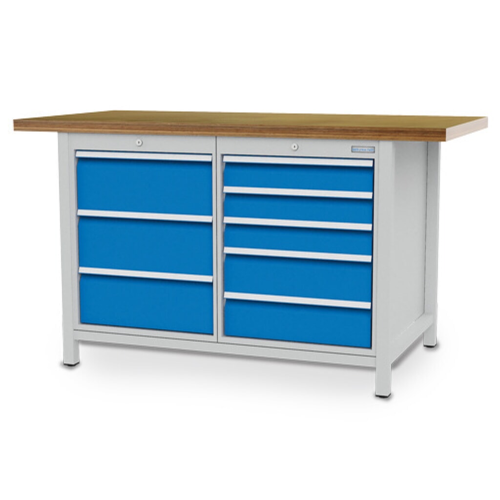 Zdjęcie produktu nr 1: Stół warsztatowy Bedrunka+Hirth R 18-24, wys. x szer. x gł. 959 x 1500 x 750 mm, kolor jasnoszary, kolor jasnoniebieski, 8 x szuflada 3 x 200 + 3 x 100 + 2 x 150 mm