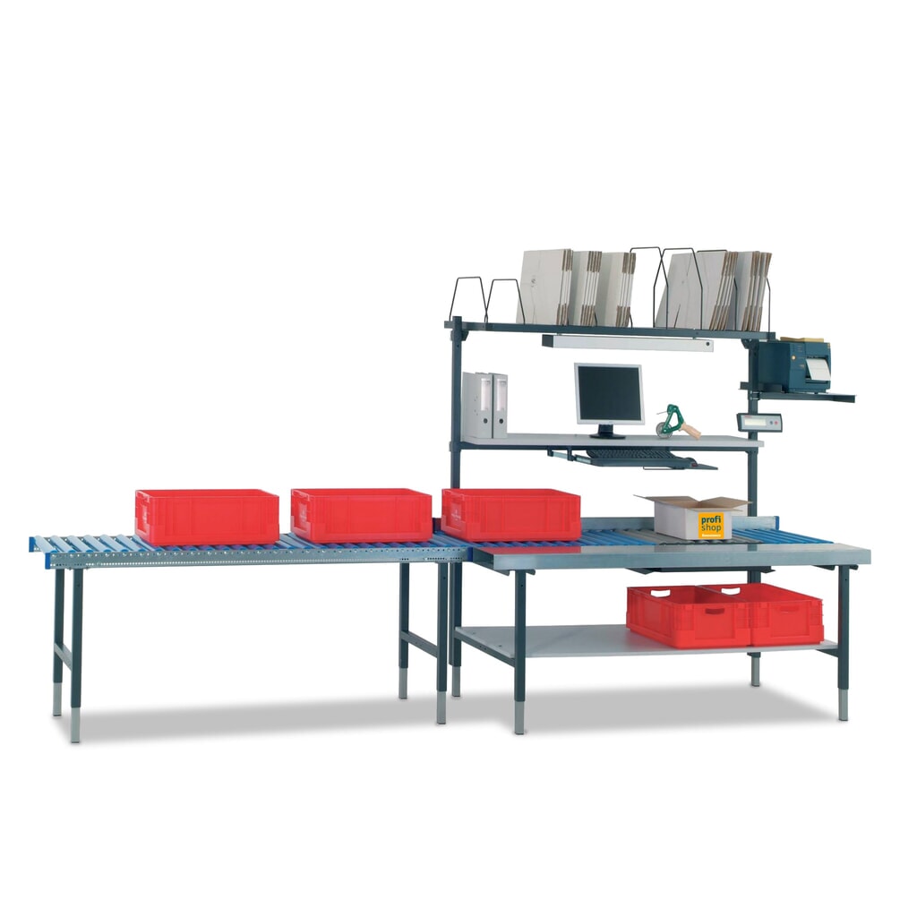 Rocholz stół do pakowania SYSTEM 2000 z ręczną regulacją wysokości, z przenośnikiem rolkowym, powierzchnią roboczą i wagą, wys. x szer. x gł. 690–960 x 1955 x 920 mm Zdjęcie produktu nr 2: Rocholz stół do pakowania SYSTEM 2000 z ręczną regulacją wysokości, z przenośnikiem rolkowym, powierzchnią roboczą i wagą, wys. x szer. x gł. 690–960 x 1955 x 920 mm