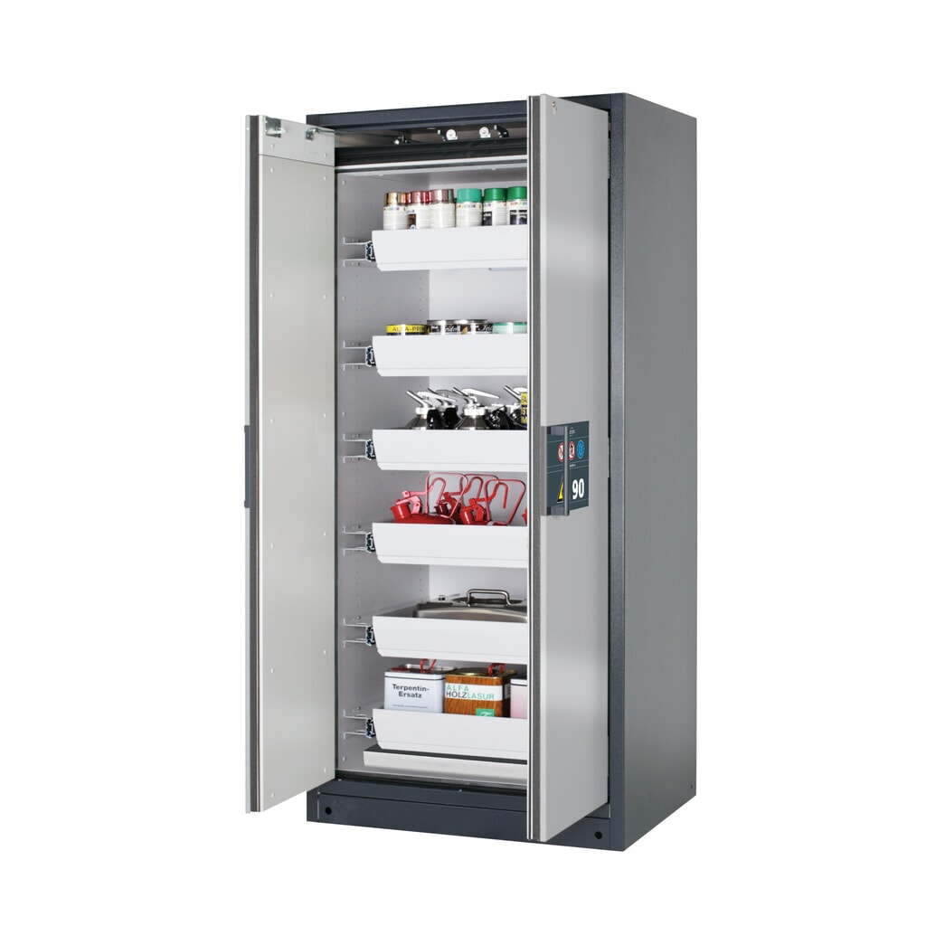 Zdjęcie produktu: Szafa przeciwpożarowa asecos® Q-PEGASUS/Typ 90, 6 wanien wyjmowanych, wys. x szer. x gł. 1953 x 893 x 615 mm, kolor srebrny