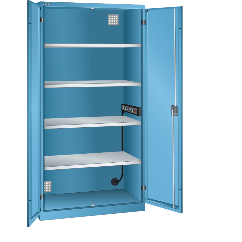Zdjęcie produktu: Szafa do ładowania akumulatorów LISTA, (szer. x gł. x wys.) 1000 x 580 x 1950 mm, 1 listwa zasilająca ściany bocznej, jasnoniebieski