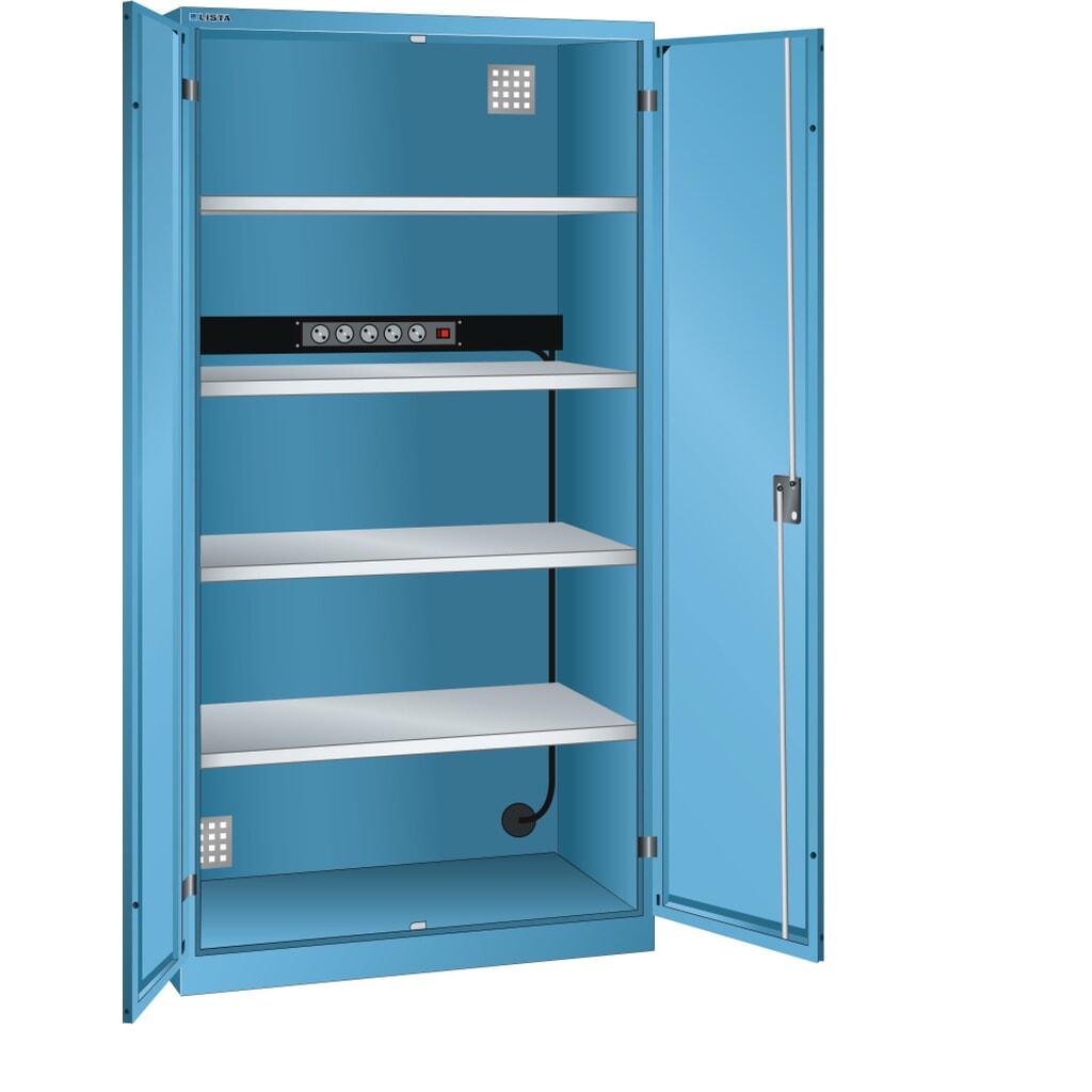 Zdjęcie produktu: Szafa do ładowania akumulatorów LISTA, (szer. x gł. x wys.) 1000 x 580 x 1950 mm, 1 listwa zasilająca ściany tylnej, jasnoniebieski