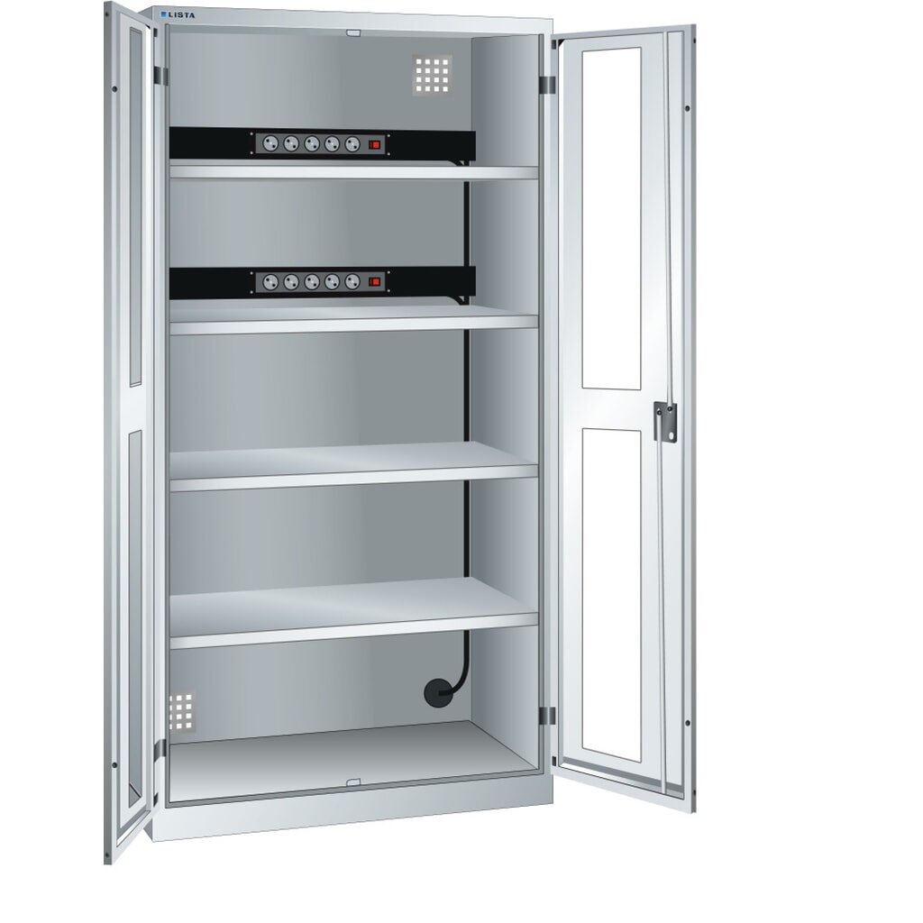 Zdjęcie produktu: Szafa do ładowania akumulatorów LISTA, (szer. x gł. x wys.) 1000 x 580 x 1950 mm, 2 listwy zasilające ściany tylnej, okno, jasnoszara