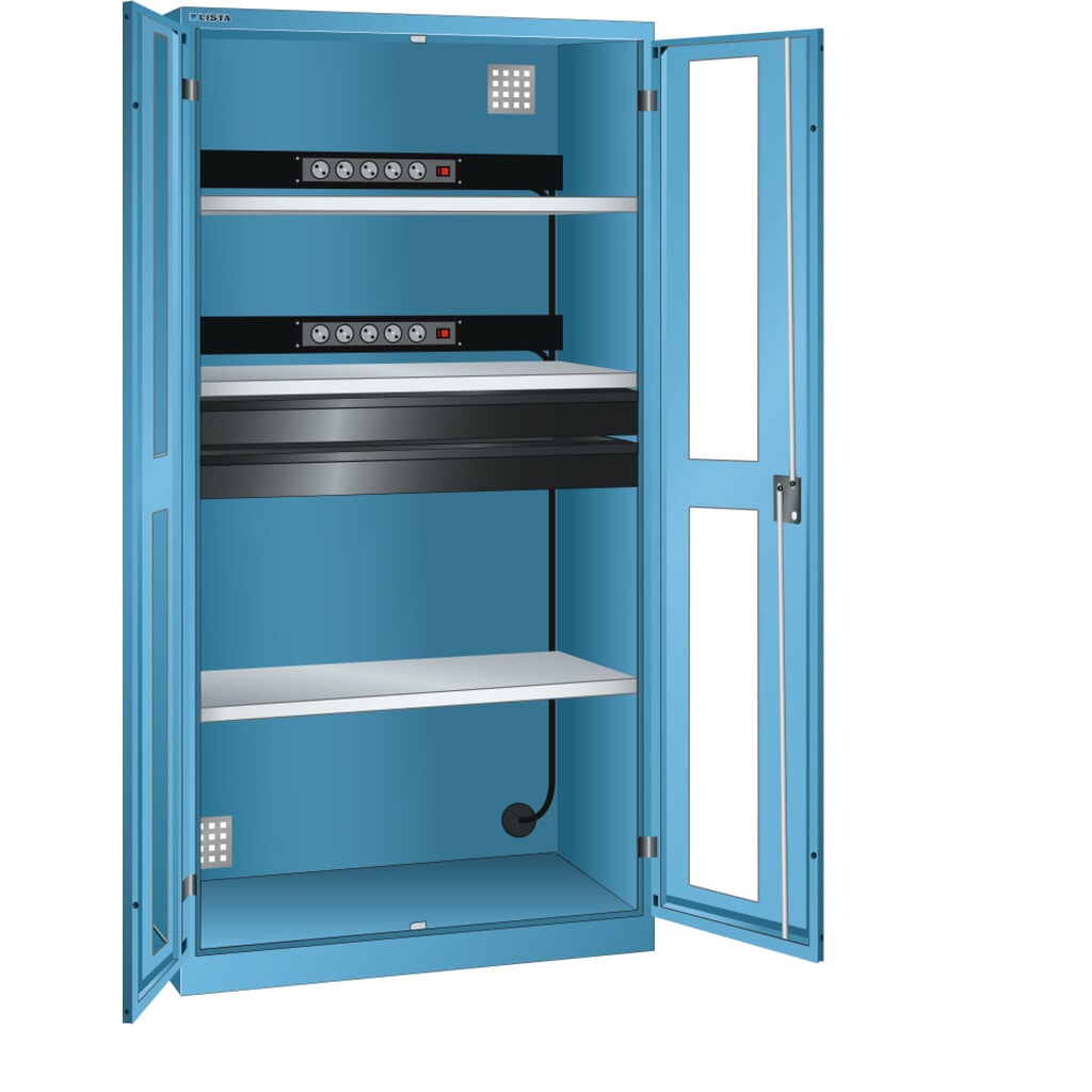 Zdjęcie produktu: Szafa do ładowania akumulatorów LISTA, (szer. x gł. x wys.) 1000 x 580 x 1950 mm, 2 listwy zasilające, 2 szuflady, jasnoniebieski