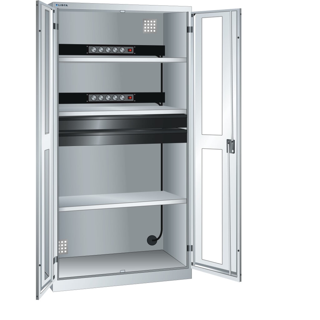 Szafa do ładowania akumulatorów LISTA, (szer. x gł. x wys.) 1000 x 580 x 1950 mm, 2 listwy zasilające, 2 szuflady, jasnoszary