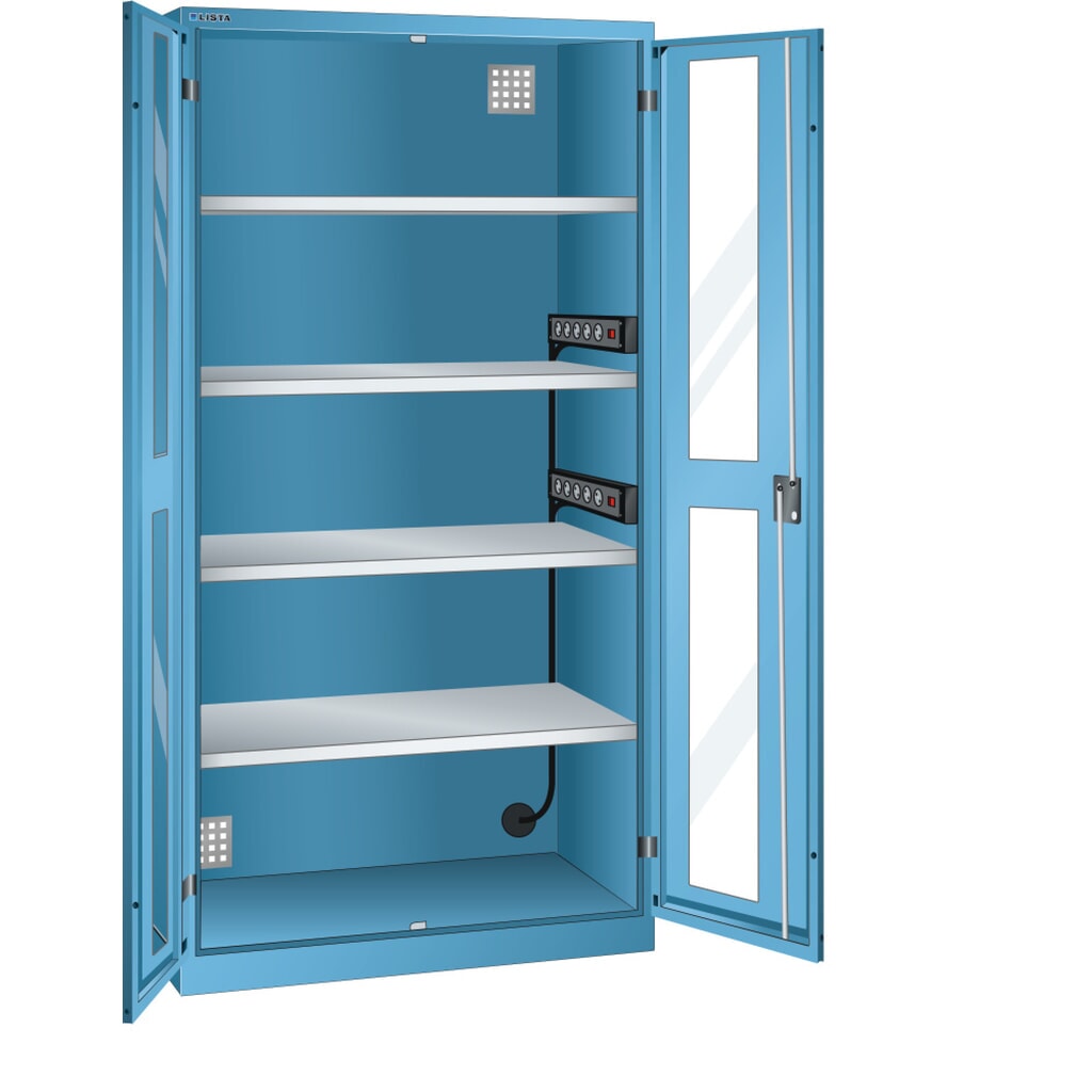 Zdjęcie produktu: Szafa do ładowania akumulatorów LISTA, (szer. x gł. x wys.) 1000 x 580 x 1950 mm, 2 listwy zasilające ściany bocznej, okno, jasnoniebieski