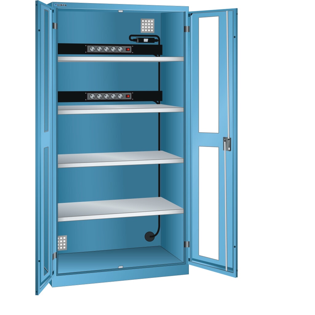 Zdjęcie produktu: Szafa do ładowania akumulatorów LISTA, (szer. x gł. x wys.) 1000 x 580 x 1950 mm, 2 listwy zasilające ściany tylnej, FI/LS, jasnoniebieska