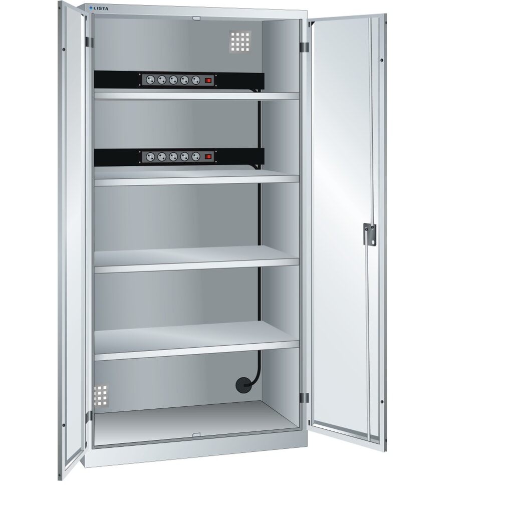 Zdjęcie produktu: Szafa do ładowania akumulatorów LISTA, (szer. x gł. x wys.) 1000 x 580 x 1950 mm, 2 listwy zasilające ściany tylnej, jasnoszary