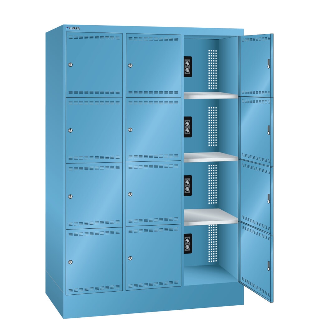 Szafa do ładowania akumulatorów LISTA, (szer. x gł. x wys.) 1205 x 585 x 1790 mm, 3 x 4 komory, 2 moduły na komorę, jasnoniebieski Zdjęcie produktu: Szafa do ładowania akumulatorów LISTA, (szer. x gł. x wys.) 1205 x 585 x 1790 mm, 3 x 4 komory, 2 moduły na komorę, jasnoniebieski