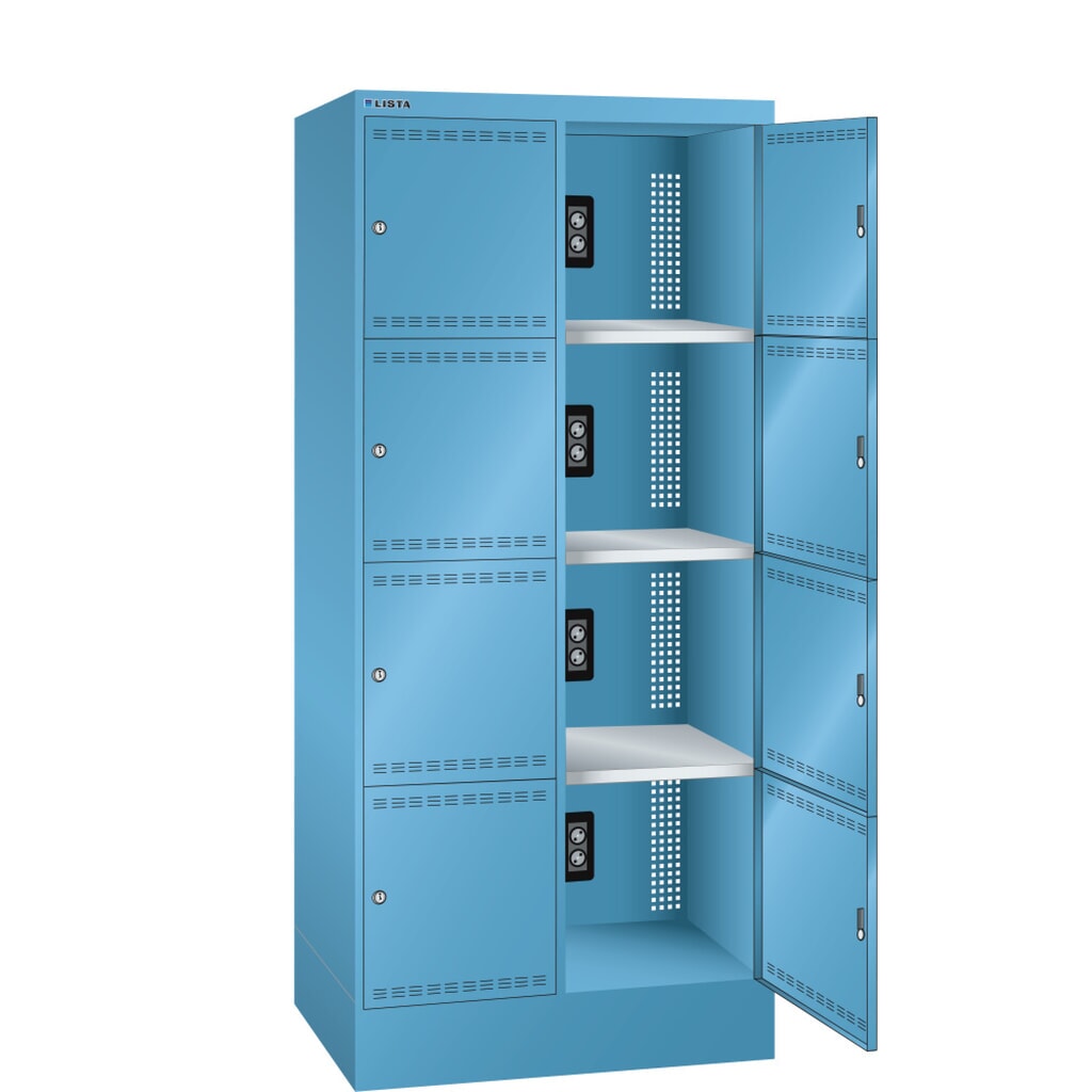 Szafa do ładowania akumulatorów LISTA, (szer. x gł. x wys.) 810 x 585 x 1790 mm, 2 x 4 komory, 1 moduł na komorę, jasnoniebieska Zdjęcie produktu: Szafa do ładowania akumulatorów LISTA, (szer. x gł. x wys.) 810 x 585 x 1790 mm, 2 x 4 komory, 1 moduł na komorę, jasnoniebieska