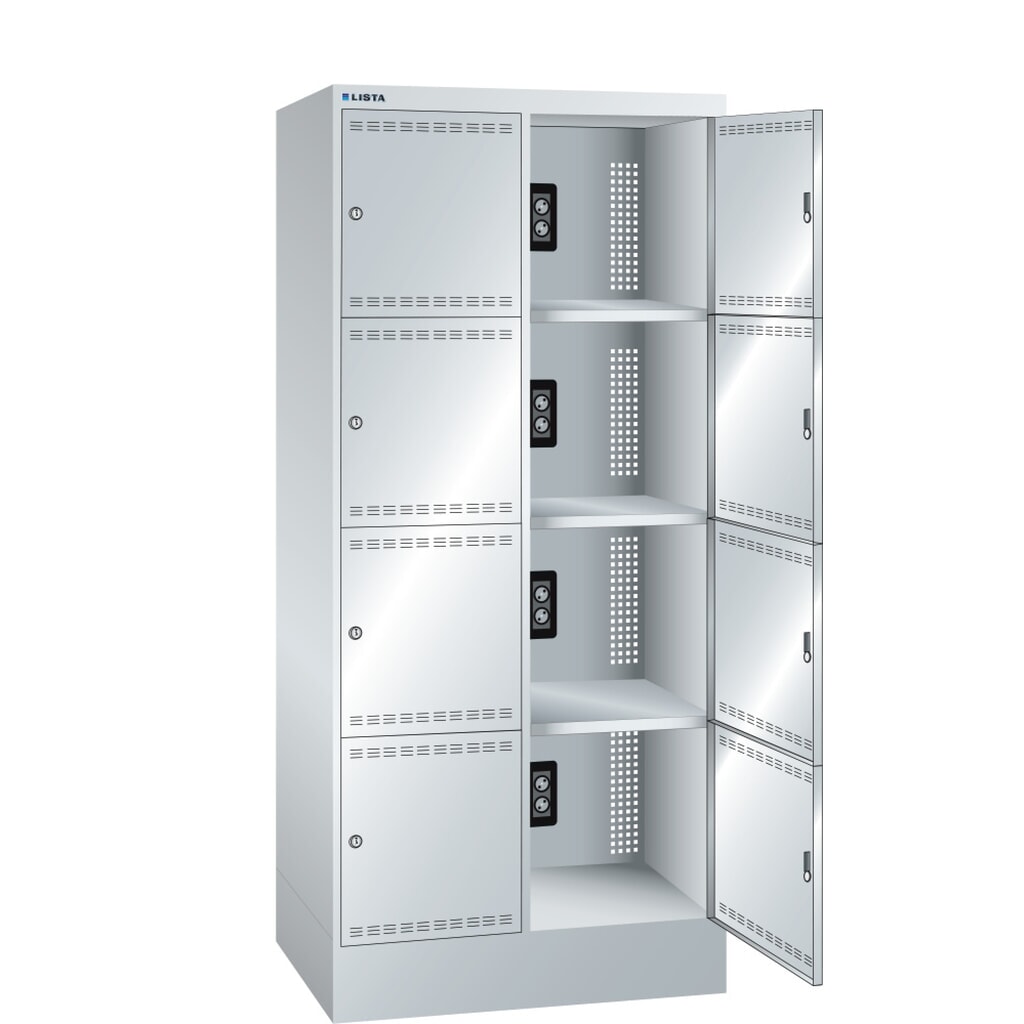 Zdjęcie produktu: Szafa do ładowania akumulatorów LISTA, (szer. x gł. x wys.) 810 x 585 x 1790 mm, 2 x 4 komory, 2 moduły na komorę, jasnoszara